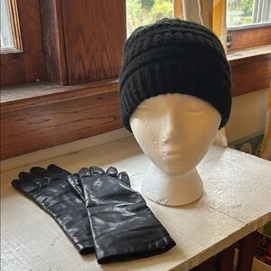 Elegant Black Leather Gloves and Knit Hat Set for Women